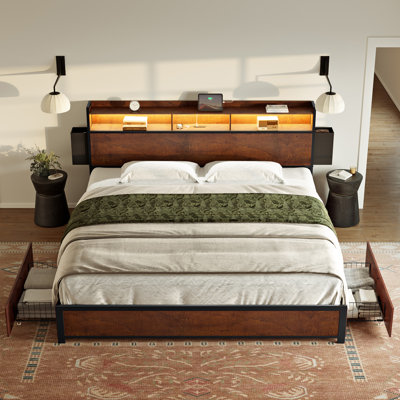 Antioch King Bed Frame with 2 Underbed Drawers, Modern Platform Bed with Charging Station & LED Light, Storage Headboard with 2 Bedside Drawers & Open Bookcase Shelves, Walnut Brown