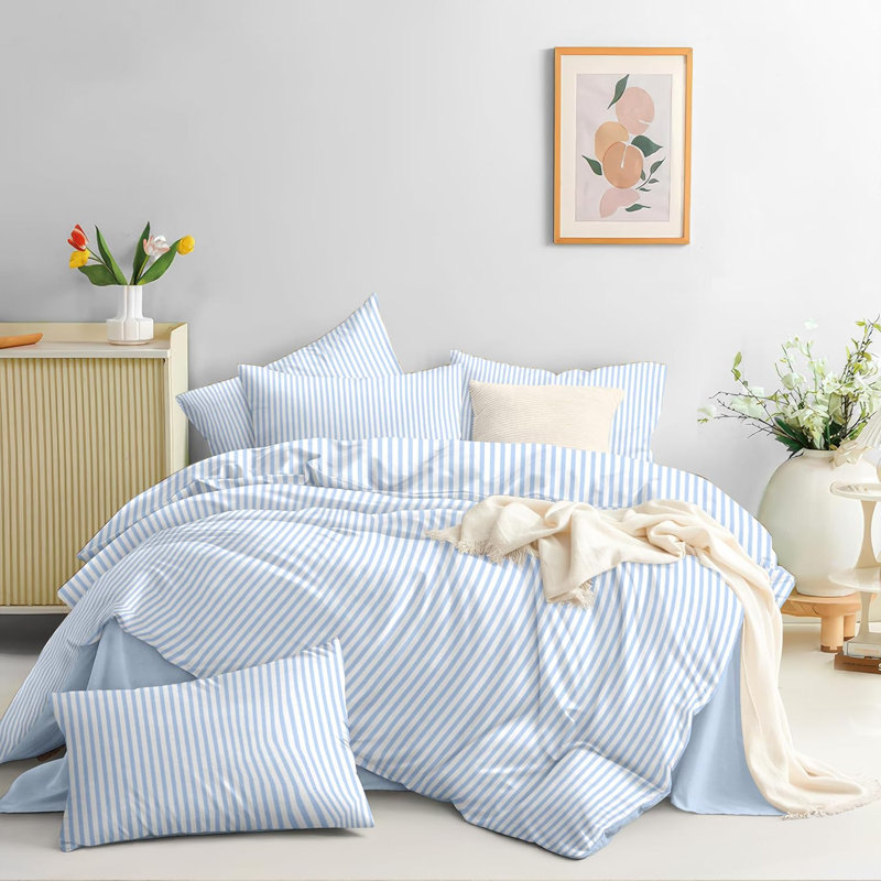 Blue Pink Striped Duvet Cover White Stripe Duvet Cover Dorm Bedding Set Soft Lightweight Washed Microfiber Farmhouse Bedding Set