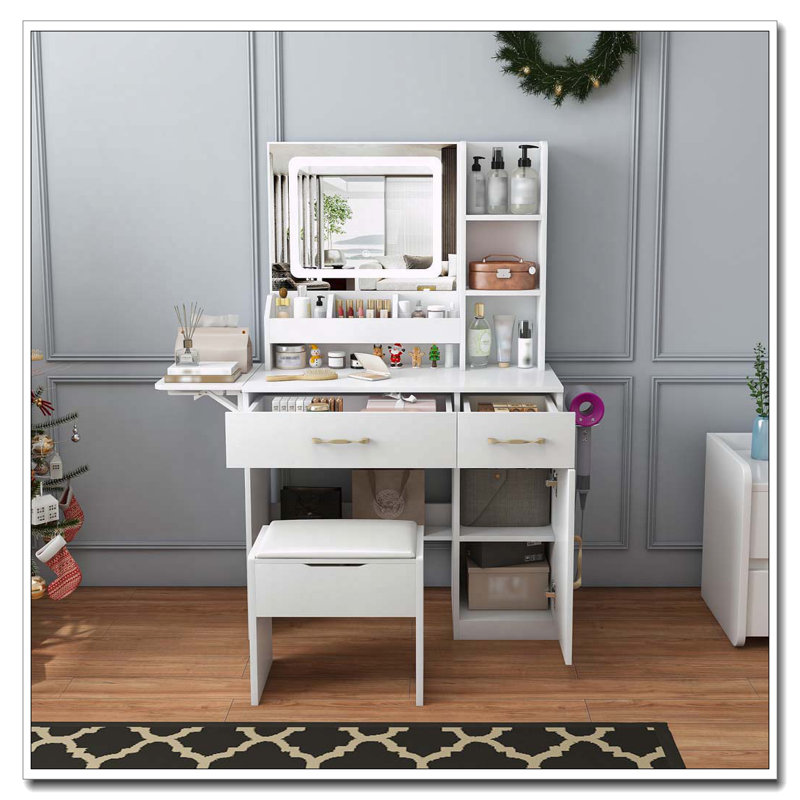 Vanity Desk with LED Mirror, Power Outlet, 3 Drawers, 7 Shelves and Storage Stool