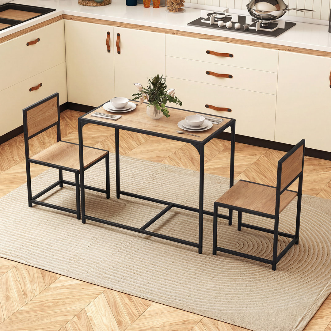 3 Piece Dining Table Set Industrial Rectangular Kitchen Table-Natural