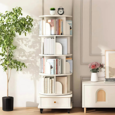 360 Display Rotating Bookshelf With Wheels, Drawer And Baffle, Bringing Convenient Storage To Office - Warm White Space Enhancing Home Organization