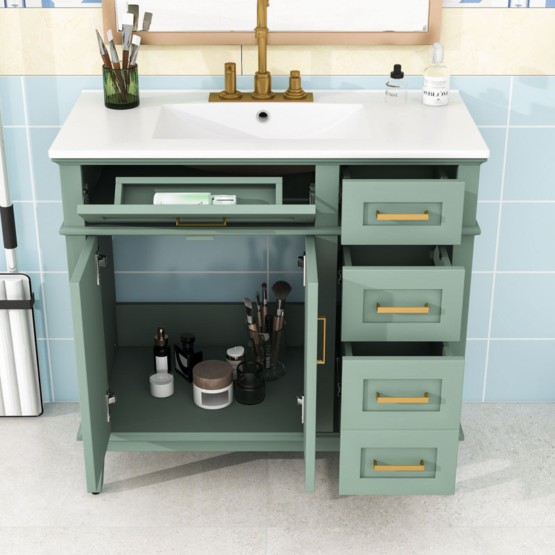 Meuble-lavabo de 36 po avec deux portes à fermeture douce et quatre tiroirs, Vert clair