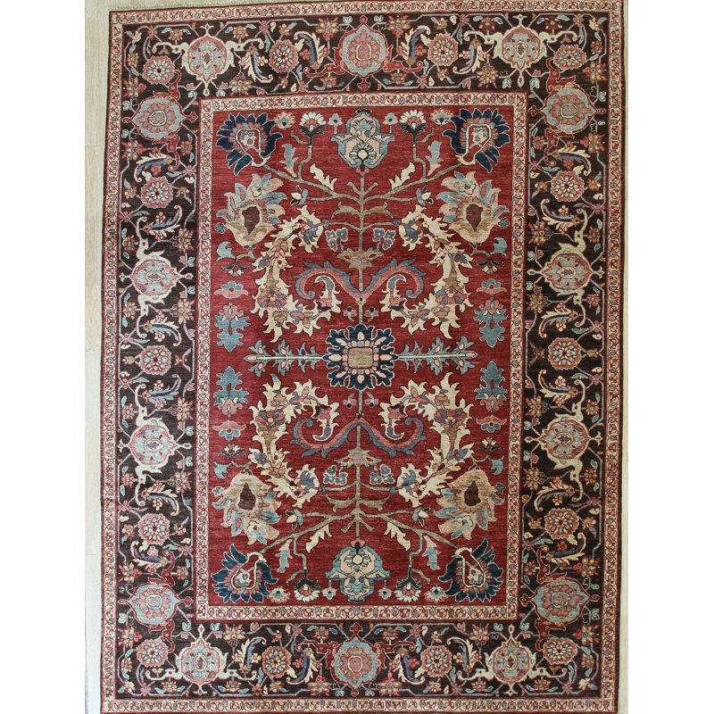Red Hand Knotted Wool Traditional Floral Area Rug, Rectangle 10' x 14'