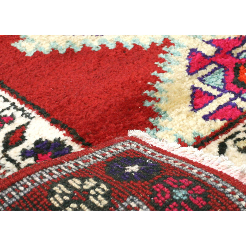 One-of-a-Kind Hand-Knotted 1960s 3'3" x 13'6" Runner Wool Area Rug in Red/Ivory/Navy