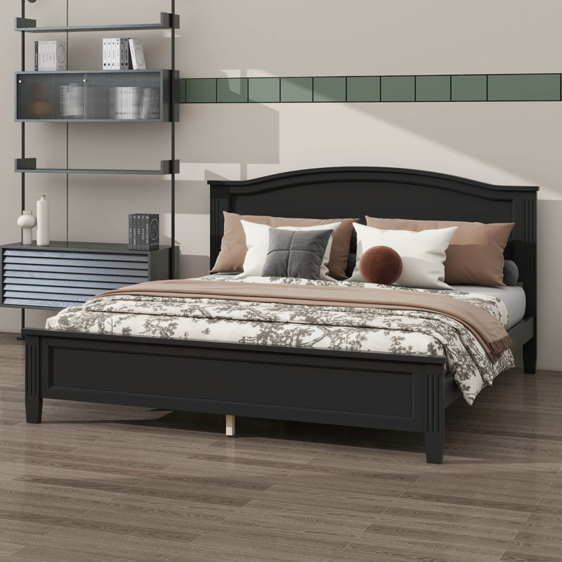 Lit plateforme avec tête de lit et pieds en lattes de bois, Black, Full