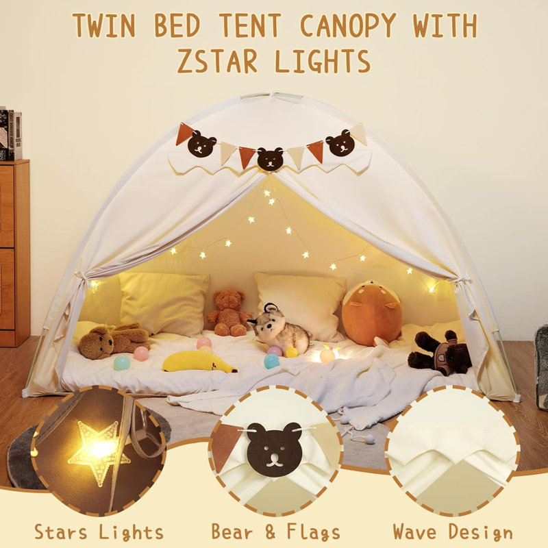 Twin Bed Tent, Bunk Bed Tent Twin Size Bed Tents with Stars Lights & Flags, Breathable Sleeping Tent Privacy Space Dream Play Tent