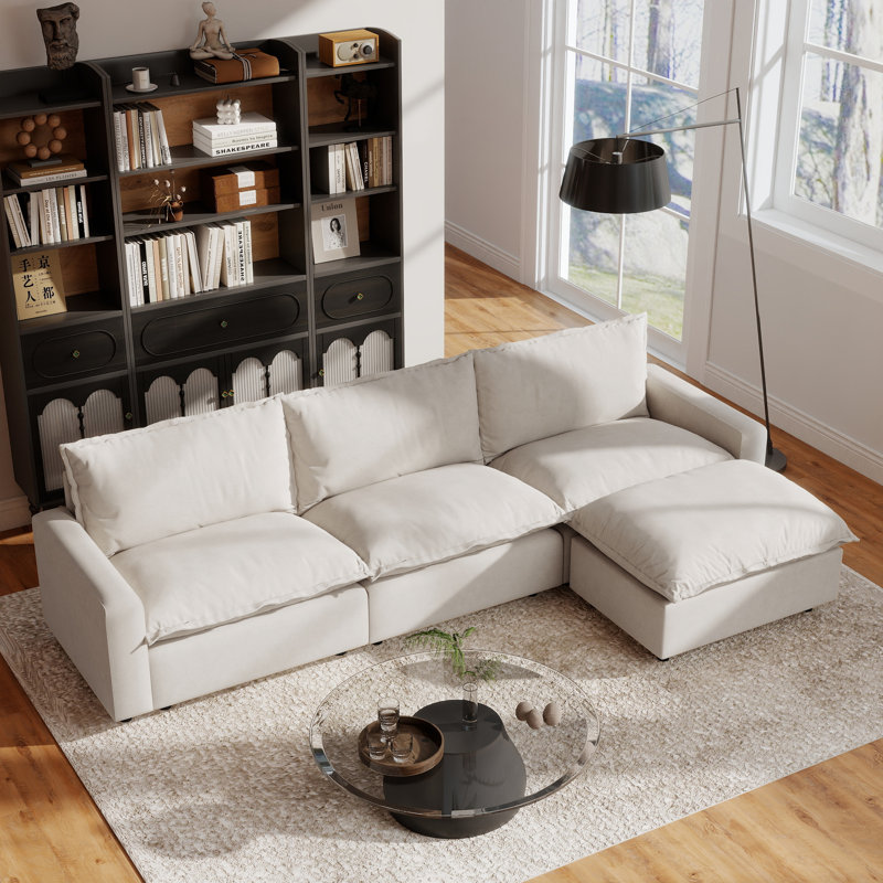 Canapé rembourré 4 pièces en tissu de lin avec repose-pieds Moncada, Beige