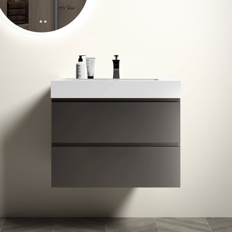 Meuble-lavabo de 30 po en gris - Glissières de tiroir murales silencieuses modernes, Gris