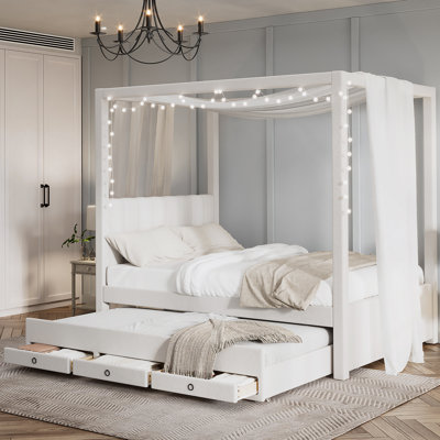 Lit plateforme à baldaquin avec gigogne et trois tiroirs de rangement, beige