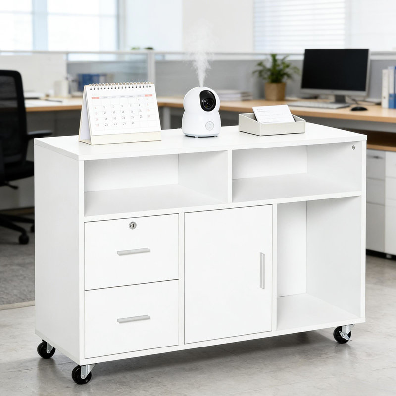 Armoire de rangement de bureau et de cuisine avec design nordique - 3 tablettes, 2 tiroirs, armoire, freins verrouillables, roulement doux, L 39,25 po x l 13,75 po x H 25,5 po, grande capacité pour 4 panneaux de particules blancs,
