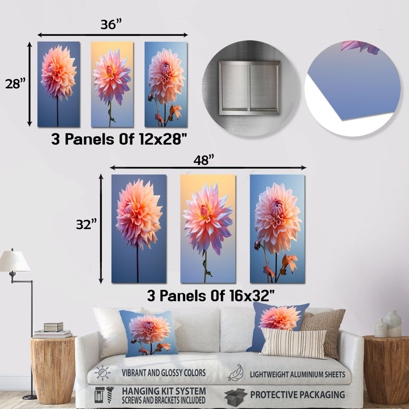 Coral et bleu Dahlia dansant - ensemble d'art mural en métal Dahlia de 3, H 28 po x l 36 po