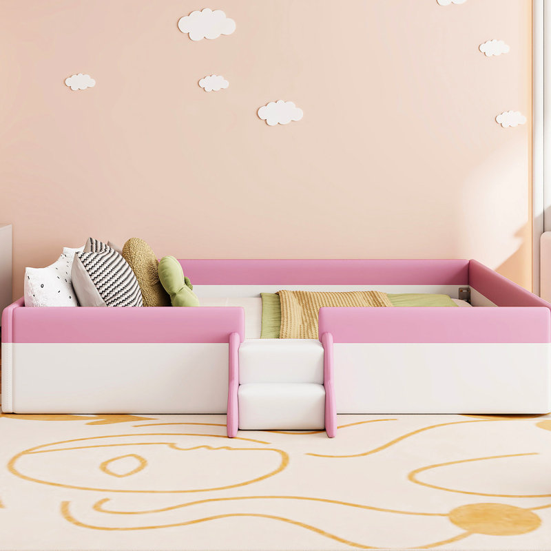 Très grande base de lit tapissier très grand avec clôture et escalier, combinaison rose et blanc, tissu éponge confortable, 10 lattes pour un soutien à long terme, installation simple et durable, facile à assembler