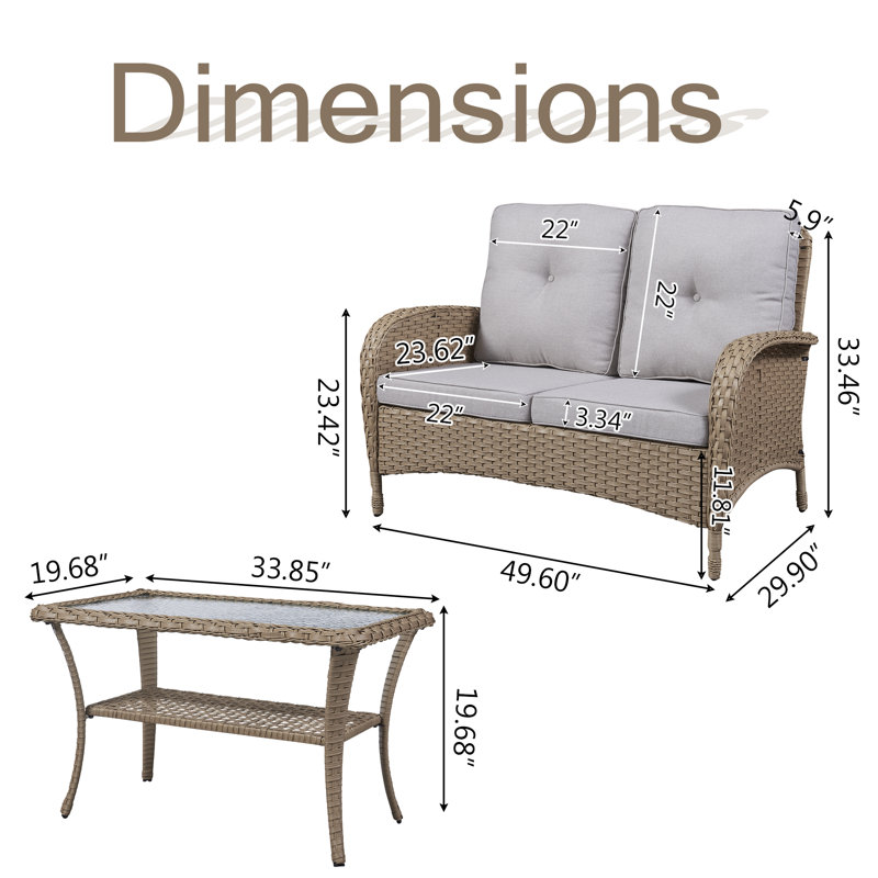 Gaetanino 2 - Person Patio Conversation Set with Cushions, Yellow, Beige