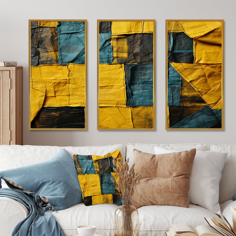 Cube abstrait jaune et vert - Collages abstraits, art mural, Cadre flottant doré, H 28 po x l 36 po x P 1 po