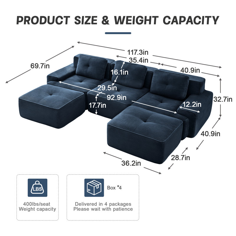 Canapé modulaire en forme de U de 117 po pour salon, tissu velours côtelé 117 po, Bleu