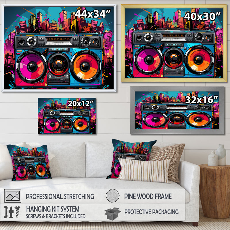 Pop Art Vibrant Boom Box Music - Platines et boîtes murales, Cadre flottant doré, H 24 po x l 32 po x P 1 po
