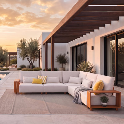 Ensemble de canapé d'angle modulaire d'extérieur Yanali 5 pièces en aluminium avec coussins en oléfine, fini aspect bois teck
