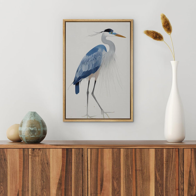 Pastel Blue Watercolor Heron Bird Canvas Art in Natural Frame