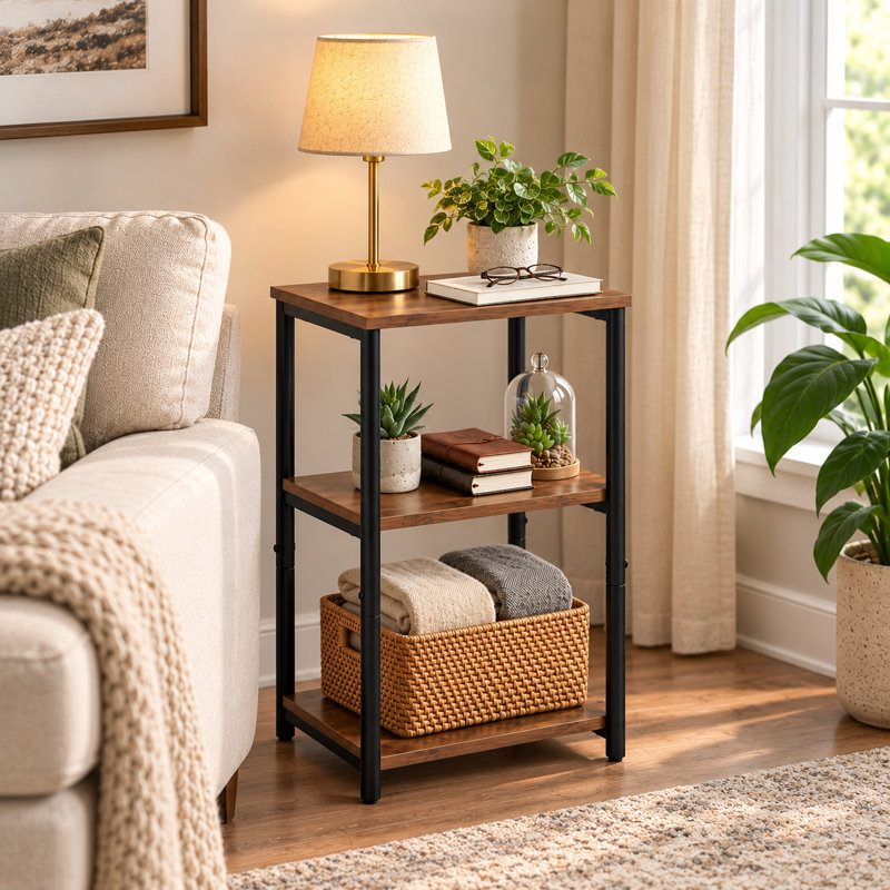 Table d'appoint industrielle à 3 niveaux avec étagères de rangement ouvertes, petite table de chevet compacte pour le salon et les petits espaces, brun rustique