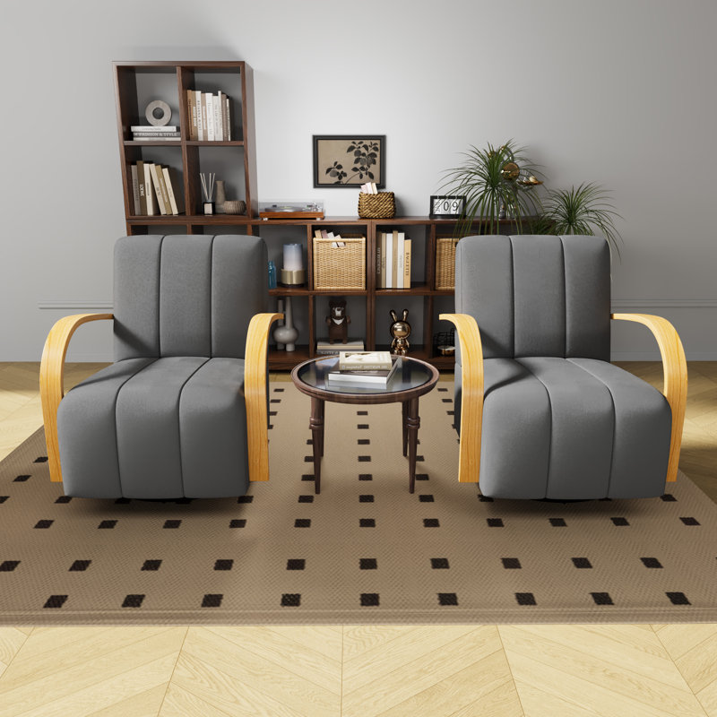 Ensemble de 2 fauteuils pivotants rembourrés avec accoudoirs en bois massif, Gris anthracite