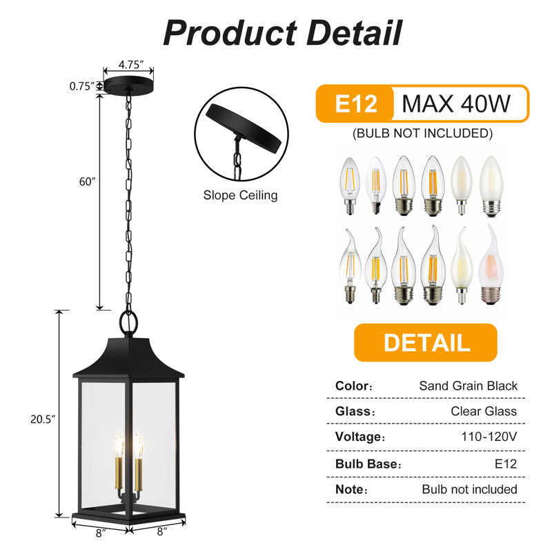 2 - Light 20''H Adjustable Black and Gold Base Iron ETL Outdoor Hanging Lights with Clear Tempered Glass
