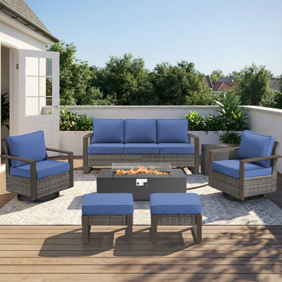 Modern 6-Piece Rattan Patio Sofa Set with Fire Pit Table, 360° Swivel Glider Deep Seating Lounge Chairs, Outdoor Fireplace Furniture Set with Ottomans