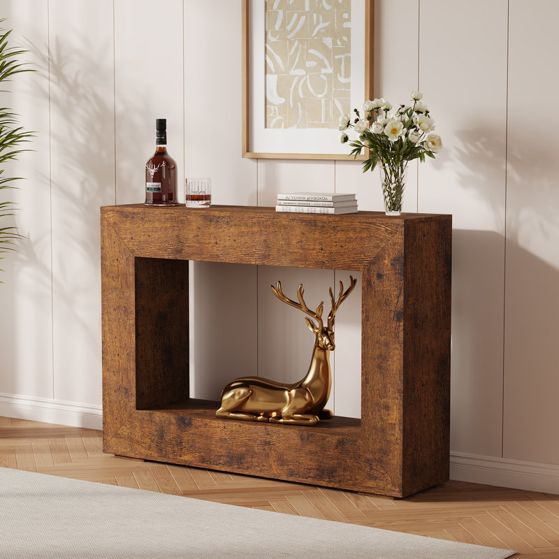Rustic Storage Console Table – 120cm Burnt Wood Narrow Entryway Table with Shelf – Farmhouse Sofa Table for Living Room, Hallway, Foyer – Solid Wood Accent
