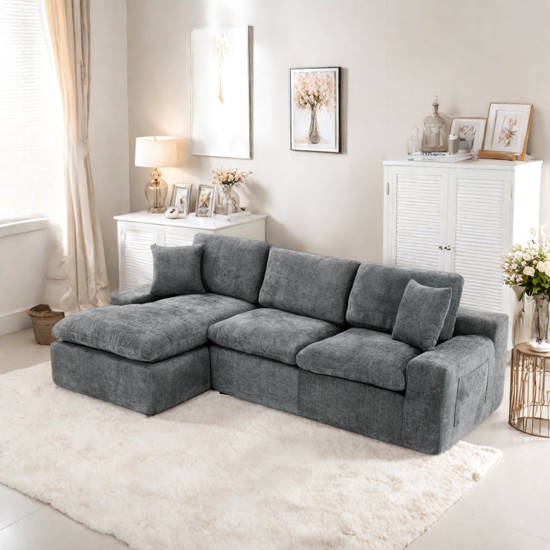 Free-combined Upholstered Sofa Couch With Double-layer Cushion, Side Pockets And Two Throw Pillows, Gray