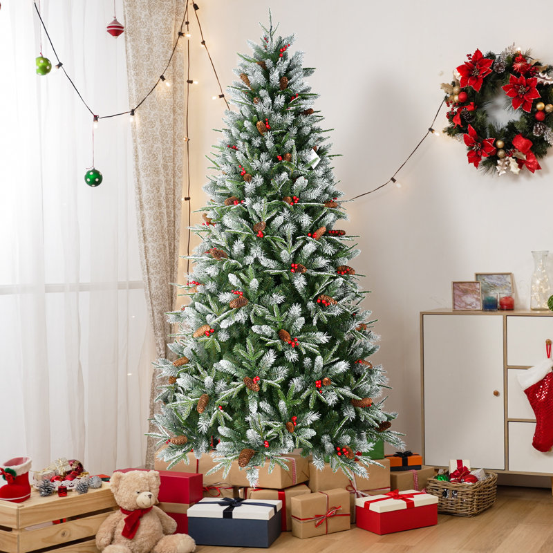 Arbre de Noël artificiel givré avec baies rouges et pomme de pin, 4'
