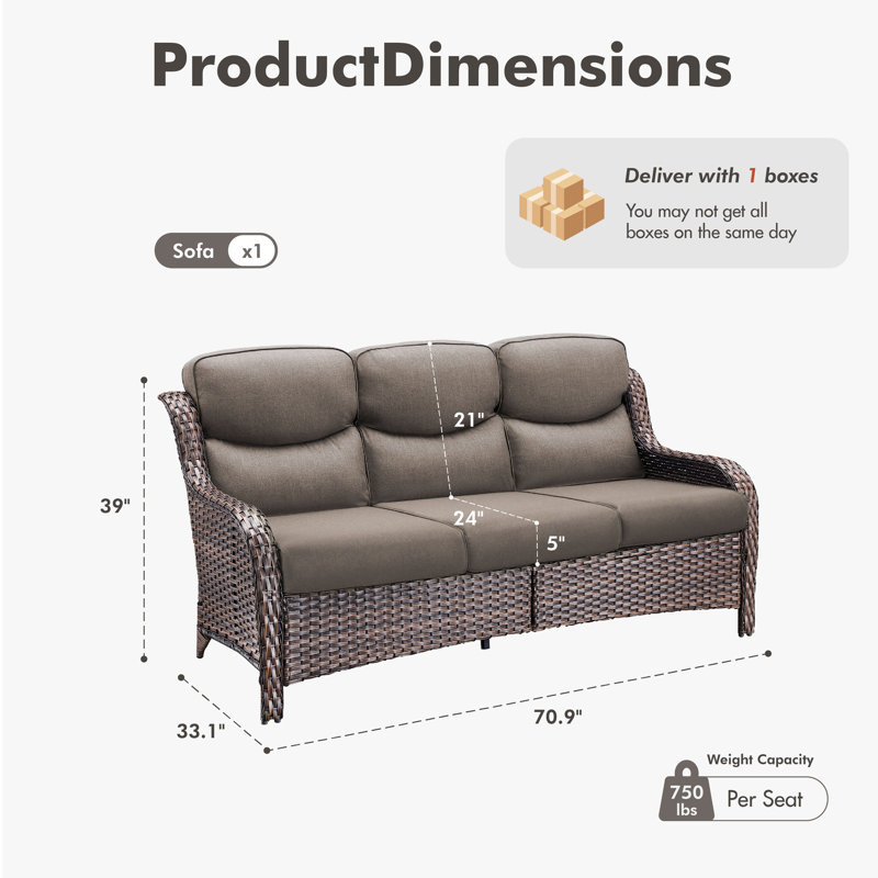 70.9'' Wide Straight Patio Sofa With 5'' Cushions, Brown, Gray