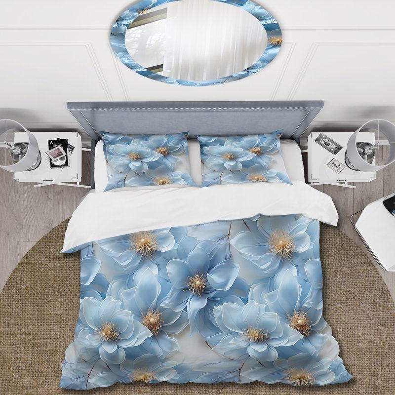 Ethereal Blue Petals Floral Pattern Floral Duvet Cover, King Duvet Cover + 2 King Shams