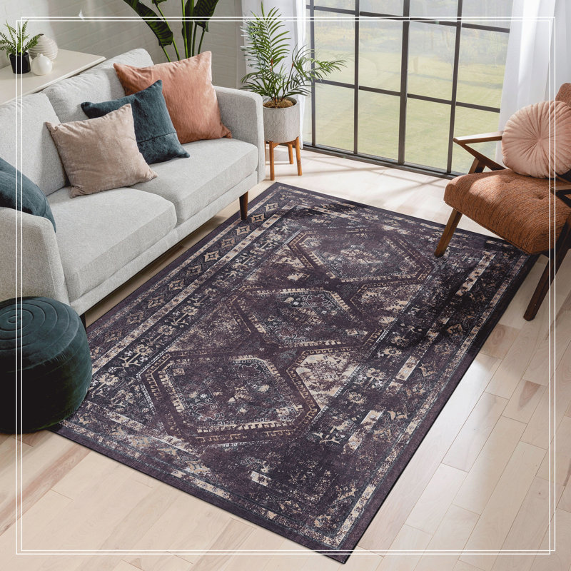 Area Rug Washable Rug, Low-Pile, Non-Slip, Non-Shedding, Foldable, Kid & Pet Friendly - Area Rugs For Living Room, Bedroom, Kitchen, Dining Room Rug - Wedding Gift, (Black+Burgundy)