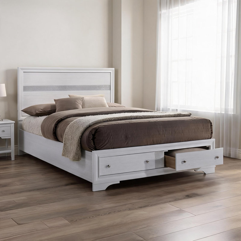 Lit double à panneau de style contemporain, bois d'hévéa massif blanc doux, tiroirs de pied de lit, mobilier élégant pour chambre à coucher résidentielle