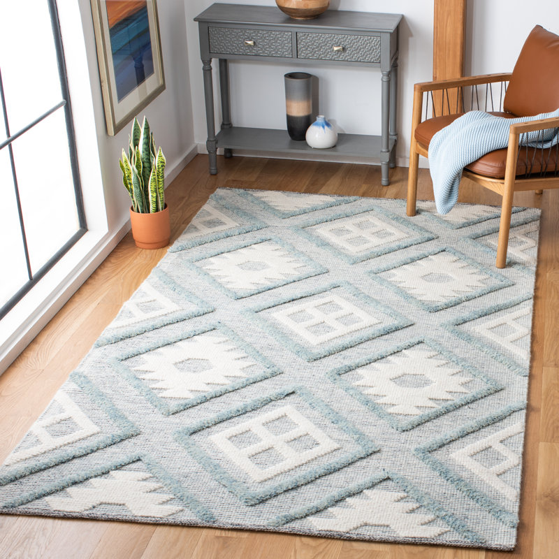 Vermont Hand Loomed Wool/Cotton Southwestern Rug in Blue/Ivory, Rectangle 8' x 10'