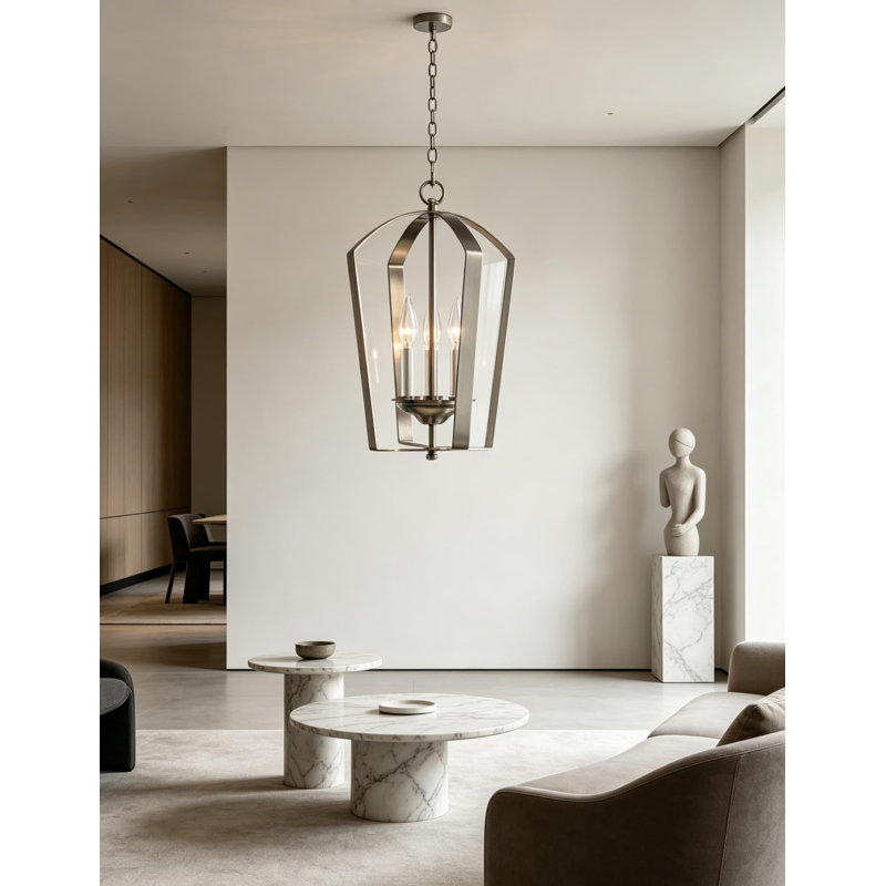 Luminaire suspendu pour vestibule à trois lumières de la collection Gather avec finition en nickel brossé et manchons en verre blanc pour les couloirs, les vestibules et les salles à manger transitionnels