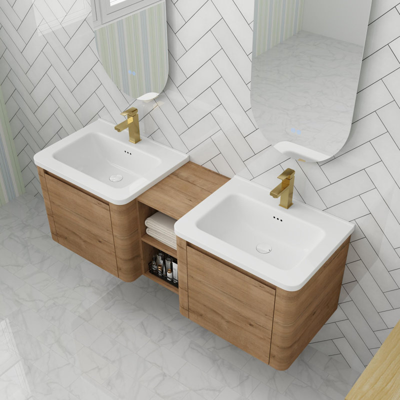 Bathroom Vanity With Sink In 60 Inch, Floating Bathroom Vanity With Soft Close Door, 60", Imitative Oak