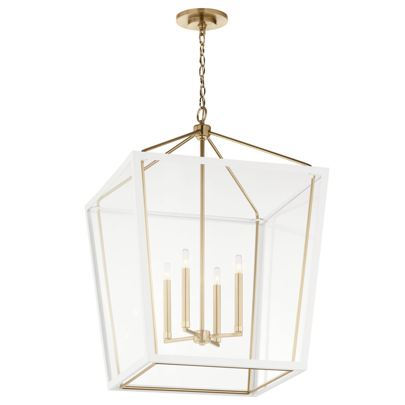 Luminaire suspendu de style lanterne à 4 lumières Delvin, Blanc / bronze champagne, H 31,75 po x l 22,25 po x P 22,25 po