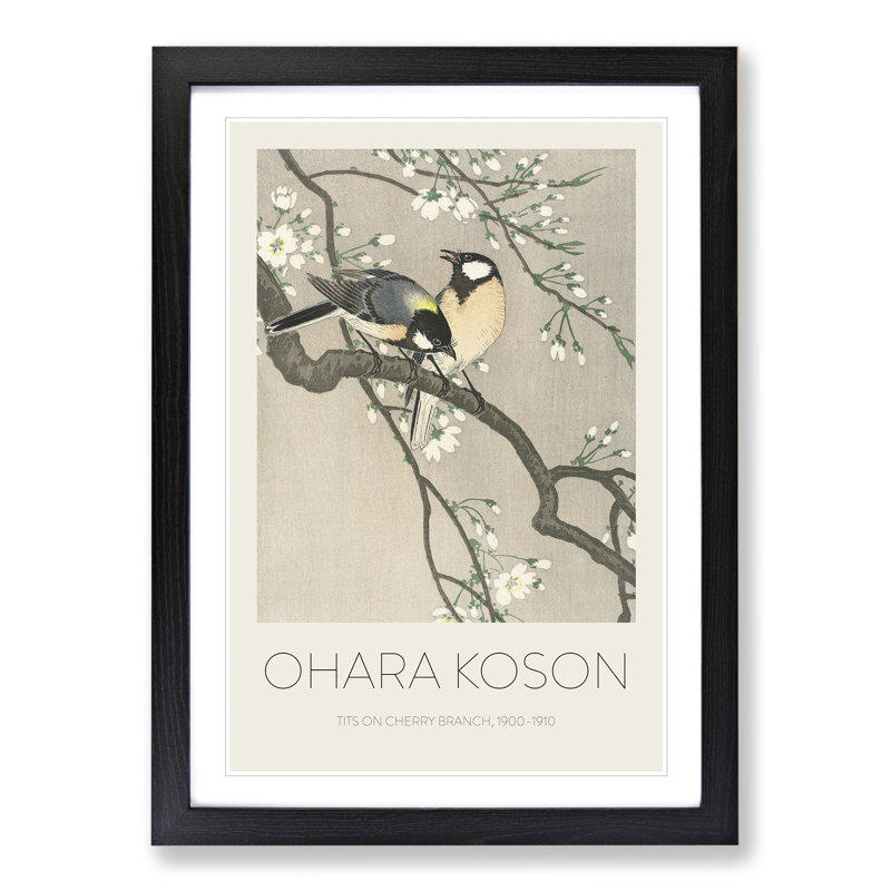 Tits on a Cherry Branch by Ohara Koson - Picture Frame Painting, 36cm H x 27cm W x 2cm D, Black Framed