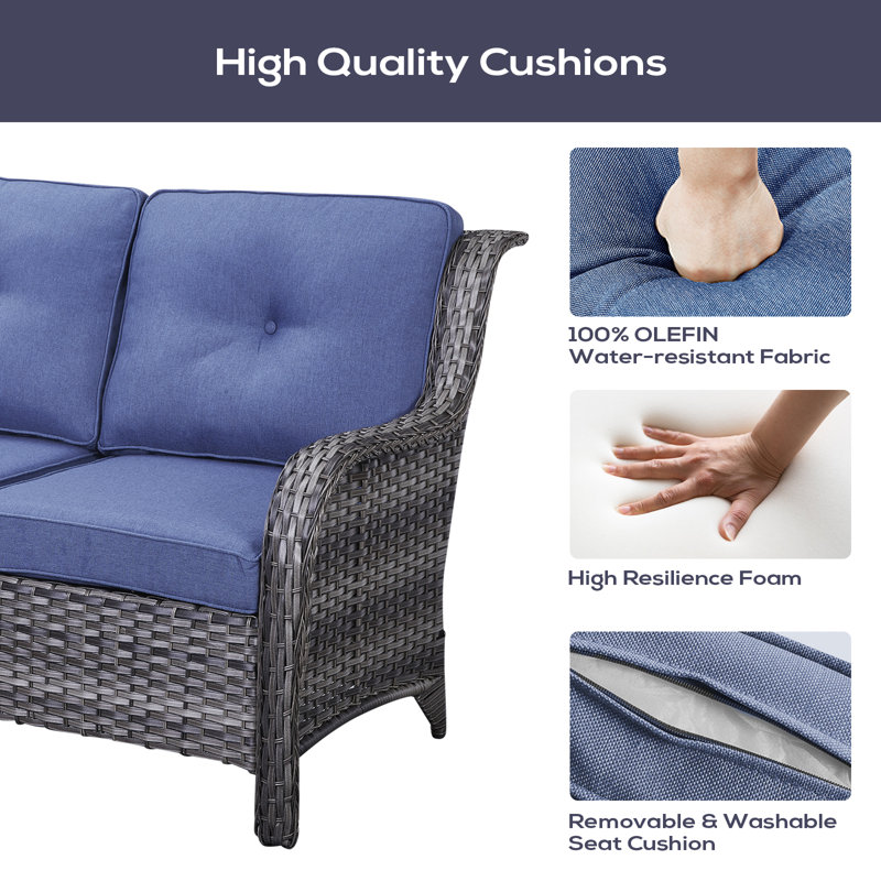 Ensemble de conversation modulaire en rotin 5 pièces avec coussins Tonry, Bleu marine, gris