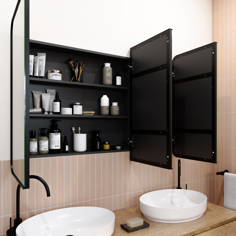 Three Door Steel Frame Square Shape Medicine Cabinet, Black