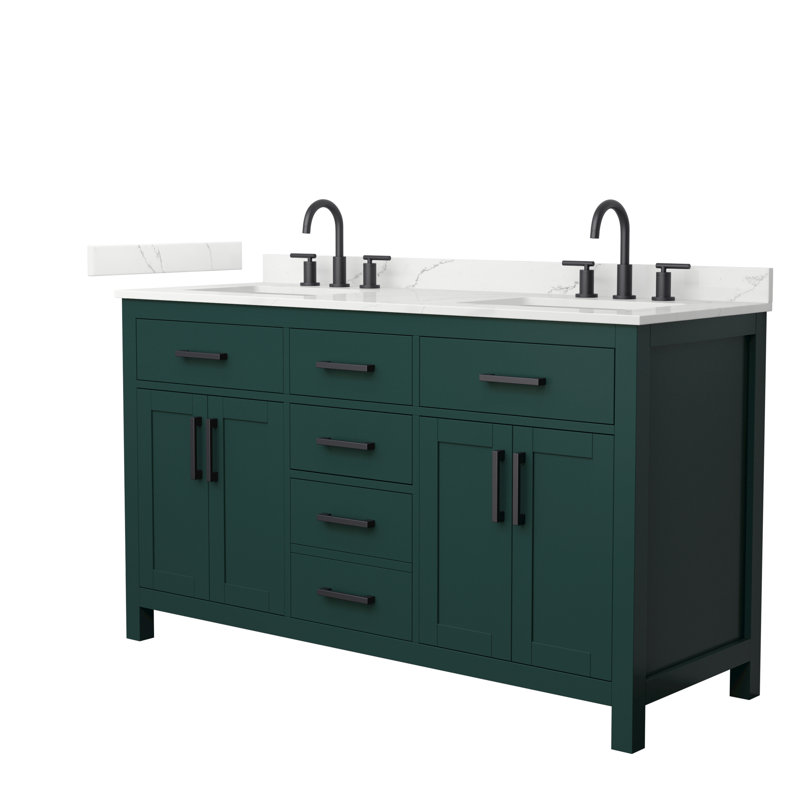 Beckett 60" Freestanding Double Bathroom Vanity with Quartz Top, Giotto Quartz, Green, Matte Black