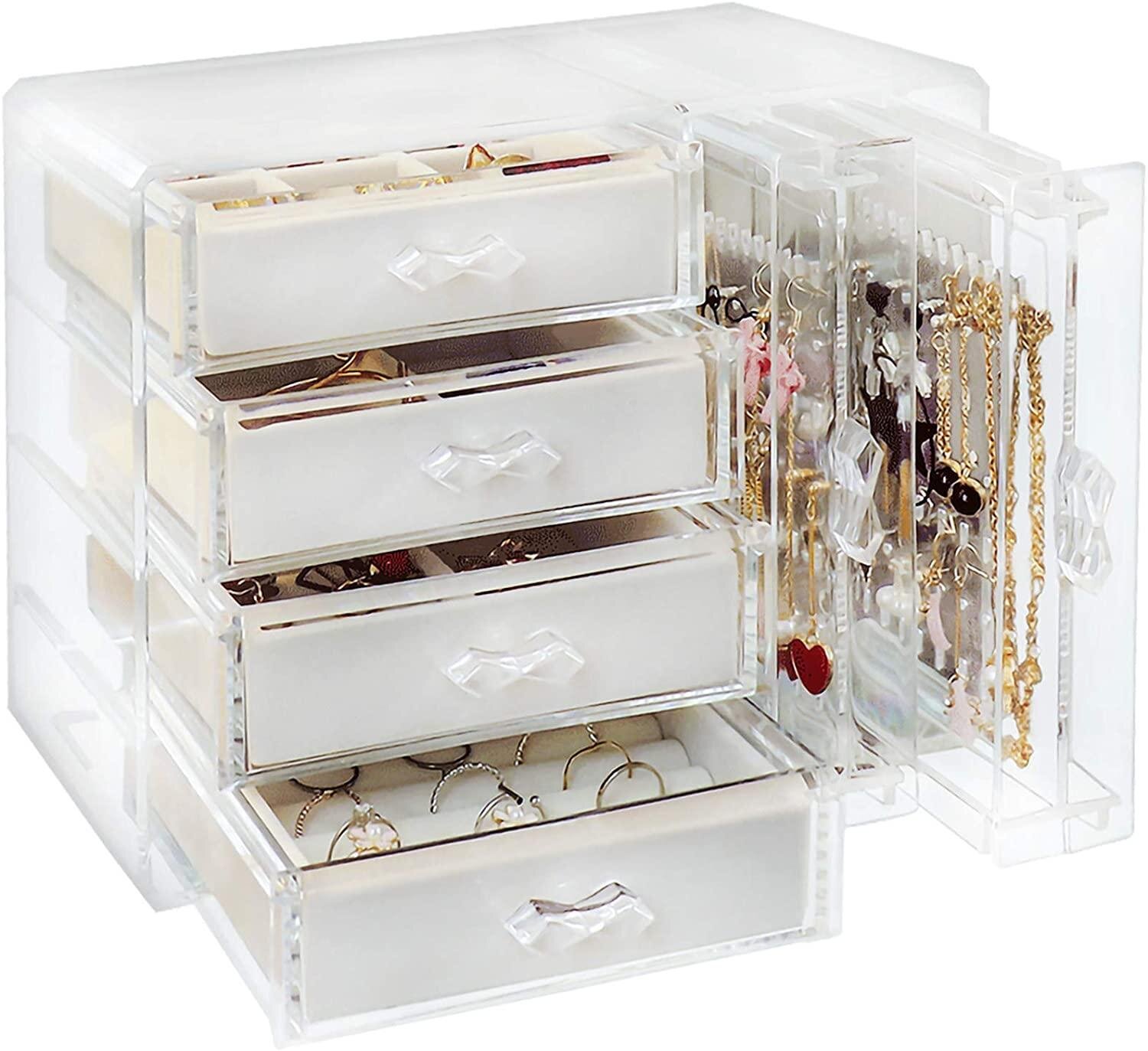 Acrylic Jewelry Organizer Box, Clear Earring Holder Jewelry Hanging Boxes  With 4 Velvet Drawers For Earrings Ring Necklace Bracelet Display Case Gift