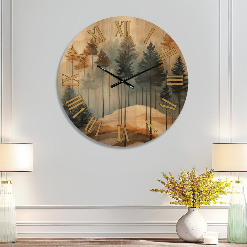 Amber Mist Woodland II - Horloge murale scandinave, impression sur bois, Medium