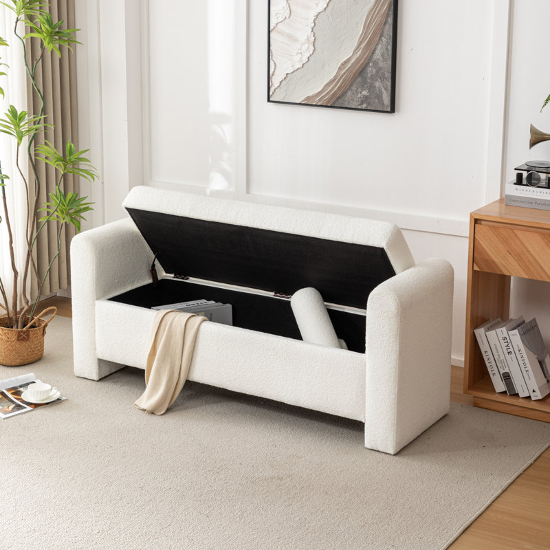 Banc de rangement rembourré en polyester Lataja, Crème, H 24 po x l 57 po x P 19,7 po