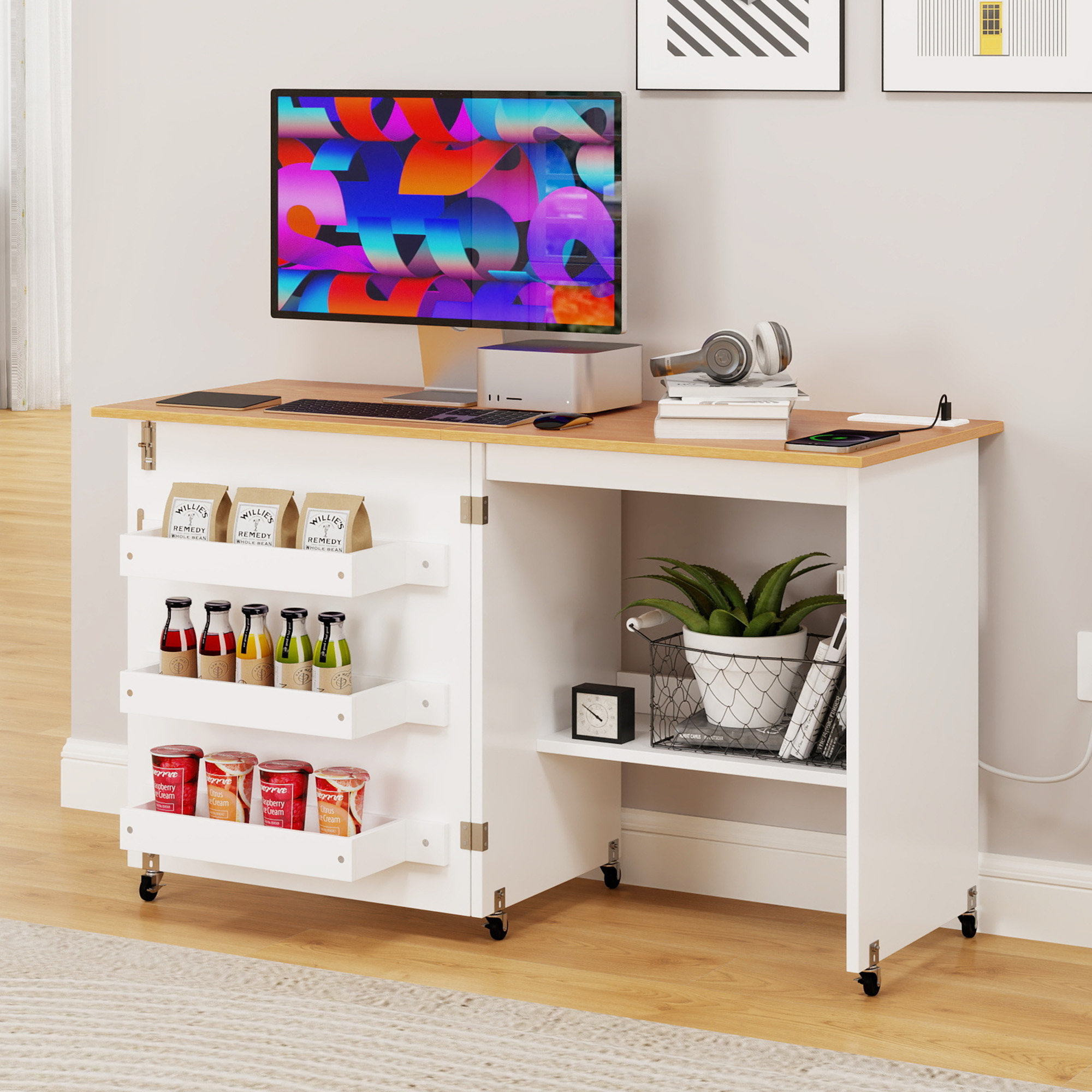 Multipurpose Folding Craft Sewing Table Cabinet Compact Design With Charging Station Lockable Casters And Storage Shelves, Magnetic Doors