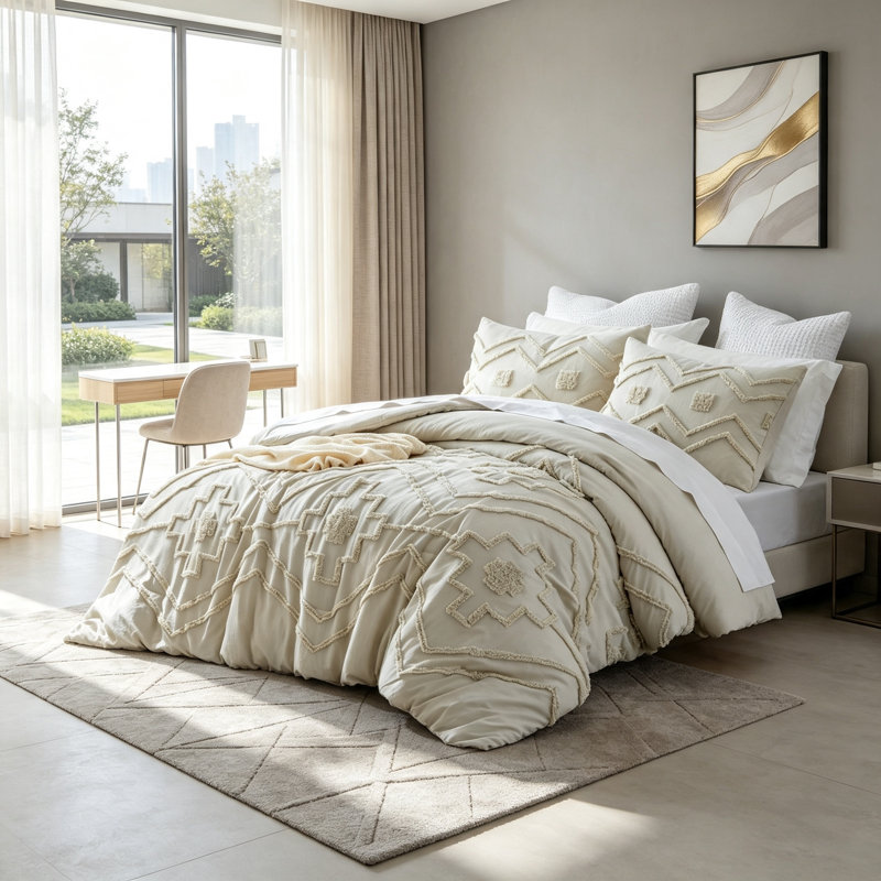 Tufted Boho Queen Comforter Set 3 Pc Beige
