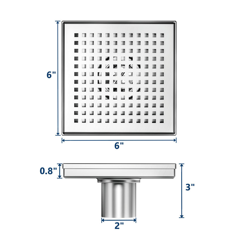 6 In. X 6 In. Stainless Steel Square Shower Drain With Square Pattern Surface And PVC Drain Base, Brushed Nickel