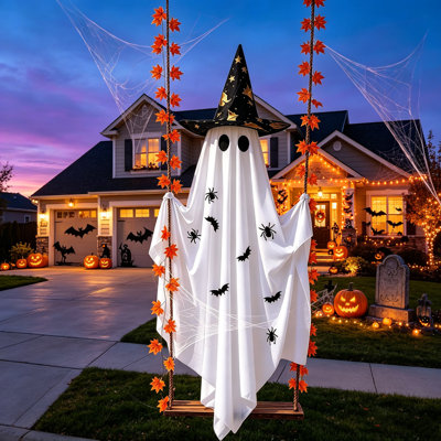 Grande décoration extérieure d'Halloween fantôme à balançoire suspendue avec chapeau de sorcière et vigne à feuille d'érable