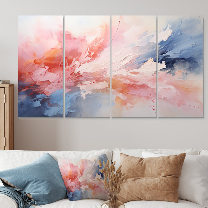 Rose et bleu apaisant tourbillons III - peinture abstraite, art mural 4 pièces, H 32 po x l 64 po