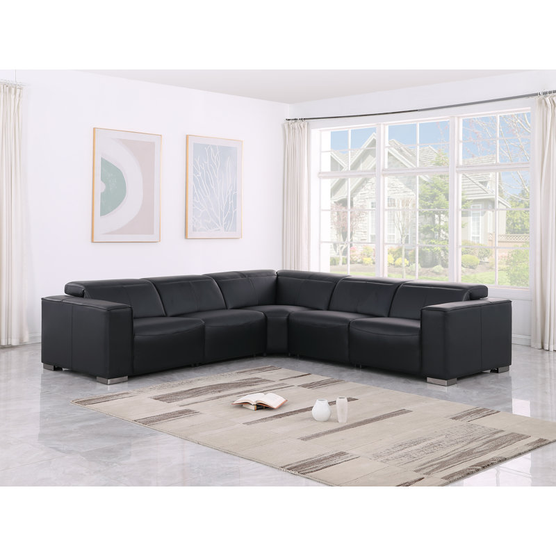 Canapé modulaire luxueux en cuir véritable 5 pièces avec 3 sièges inclinables électriques et appui-tête électrique, Noir